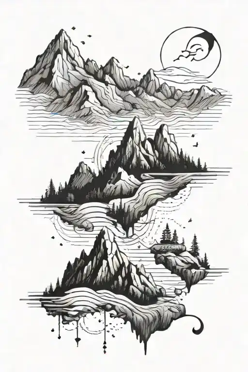 A Detailed Blackwork Tattoo Of A Mountain Landscape With Musical Notes Integrated Into The Design