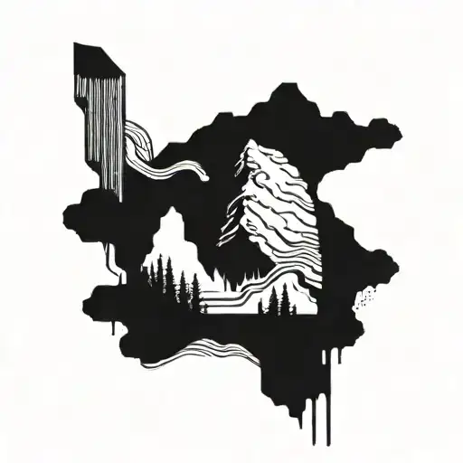 A Detailed Blackwork Tattoo Of A Mountain Landscape With Musical Notes Integrated Into The Design