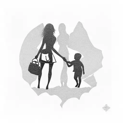 Silhouette Of Mother With Son And Two Daughters