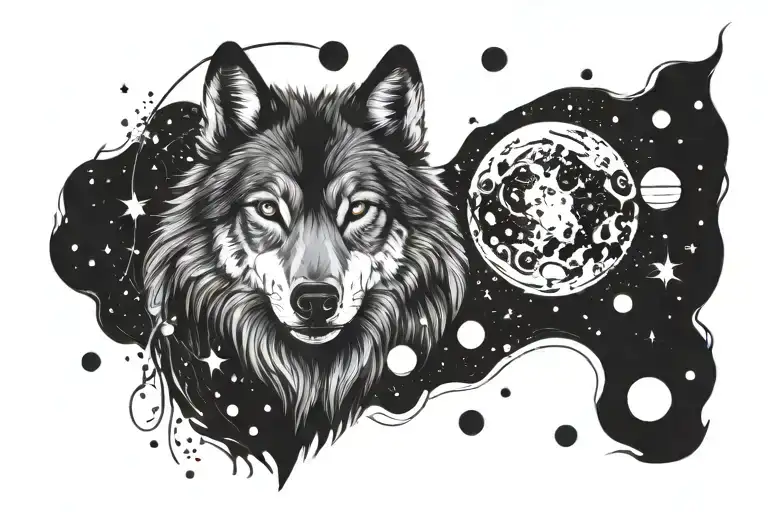 Wolf In Cosmos Surrounded By Planets