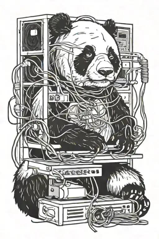 Panda Tangled In Ethernet Wires With Server Racks Behind The Panda