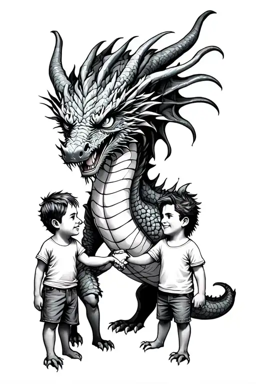 One Dad Dragon With His Two Sons Holding Hands
