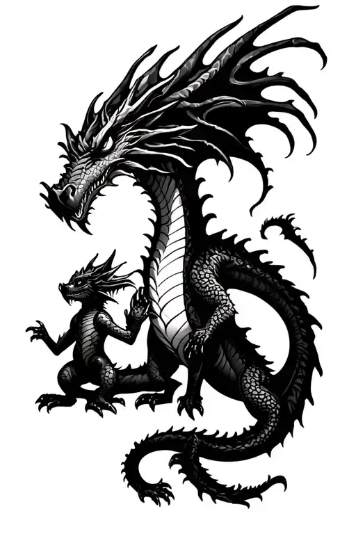 One Dad Dragon With His Two Sons Dragon Holding Hands