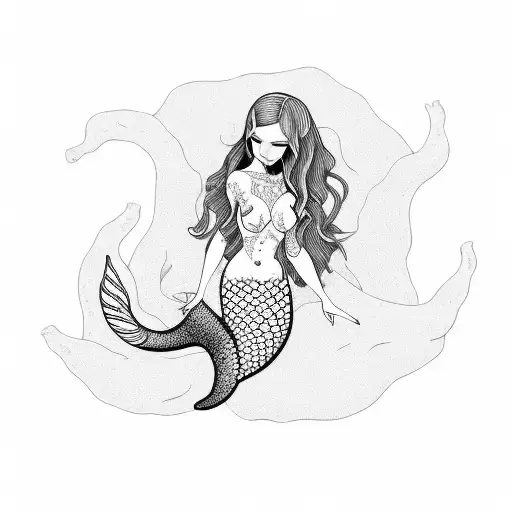 Full Body And Tail Fat Mermaid No Background Black And White