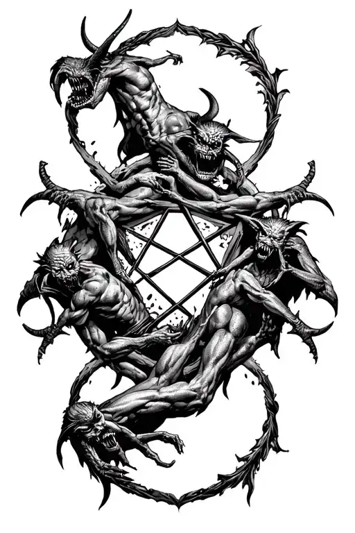 Satan Pentagram With Demon Figures Around Them With Their Jaws Broken Open