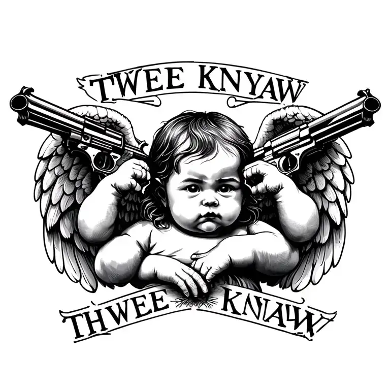 Chest Tattoo Saying Thwee Knyaw With An Baby Angel Holding Guns