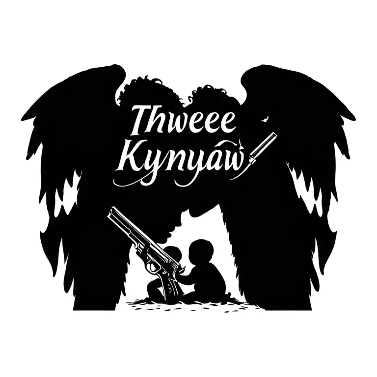 Chest Tattoo Saying Thwee Knyaw With An Baby Angel Holding Guns
