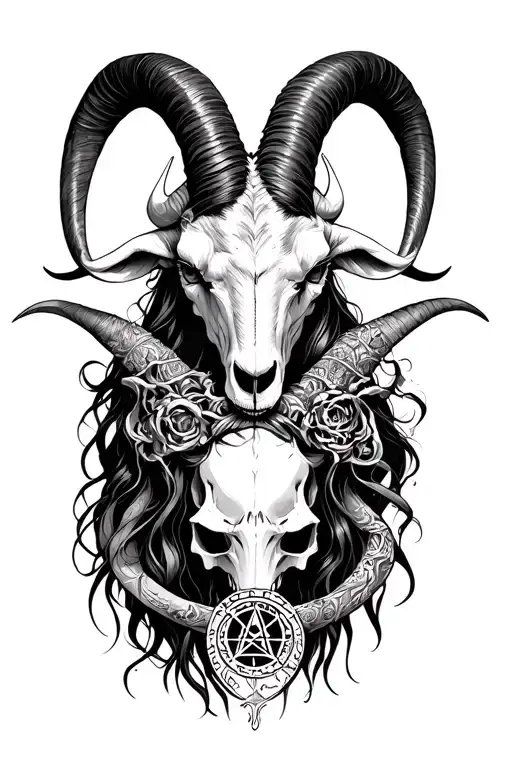 Demonic Goat With Horn Skull With A Pentagram And A Demon Lady