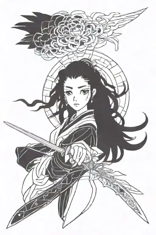 Nezuko With A Sword And An Echo Flowers Flowing Hair