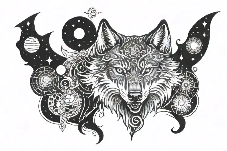 Wolf Head With Ornament With Planets Floating Gracefully