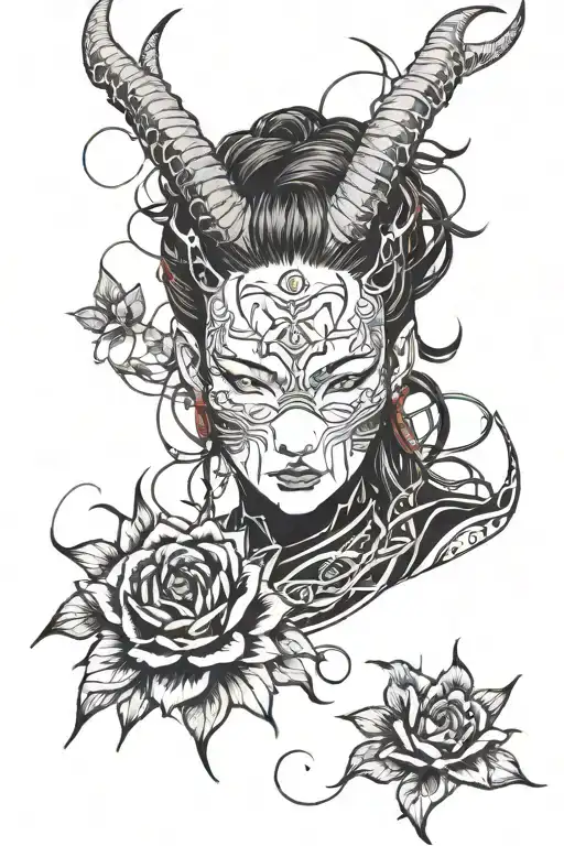 Nezuko In A Demon Mask On The Floor Of The Face With Flowers And A Red Moon And Thorns