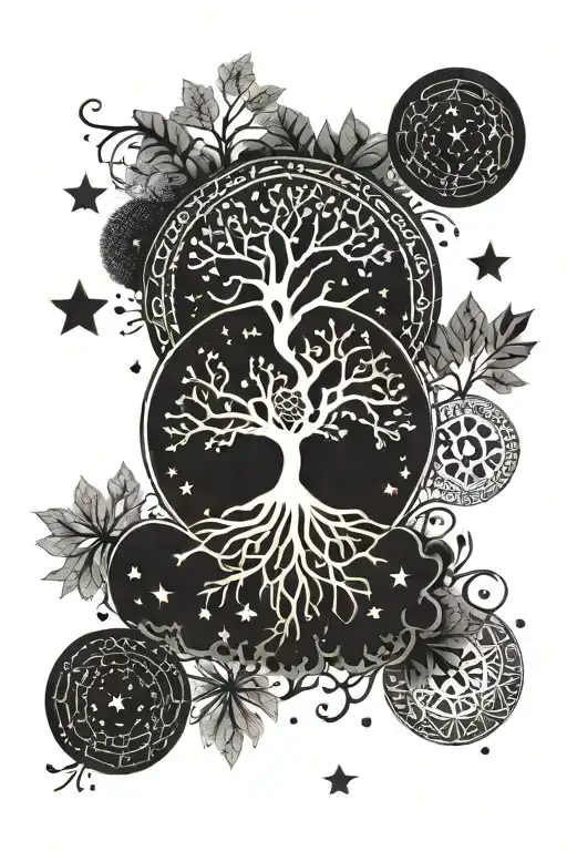 A Mandala Tree Of Life With Celestial Elements Like Stars And Galaxies