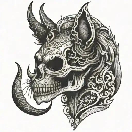 Skull Cat With Horns And Long Tongue