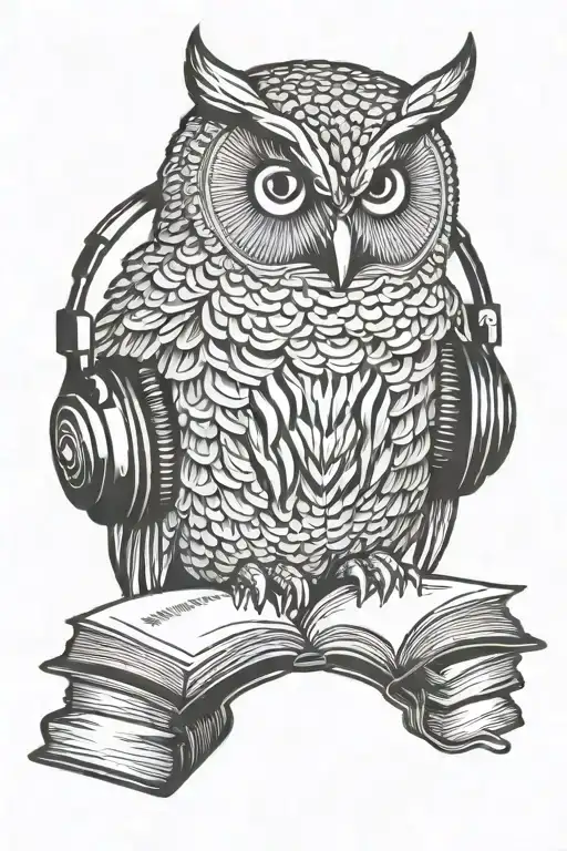 Owl With Headphones On A Book With Crest