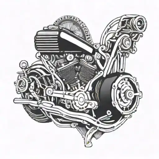 Intricate Blackwork Design Of A Harley Davidson Engine With Beach Elements Intertwined