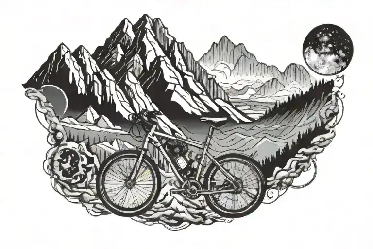 A Futuristic Mountain Landscape With A Space-themed Bicycle Riding Through It