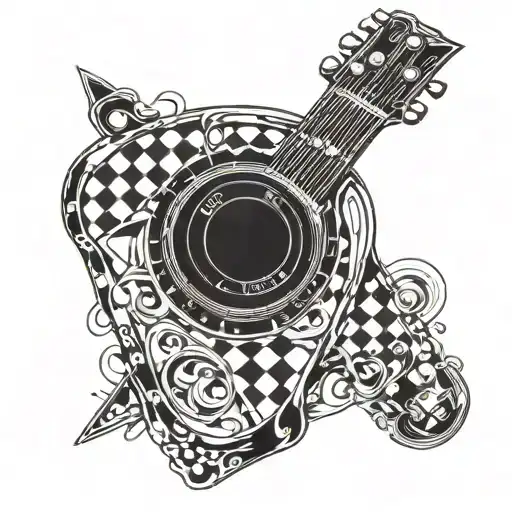 Headstock On An Album Cover Sticking Out A Black And White Checkered Vinyl Record