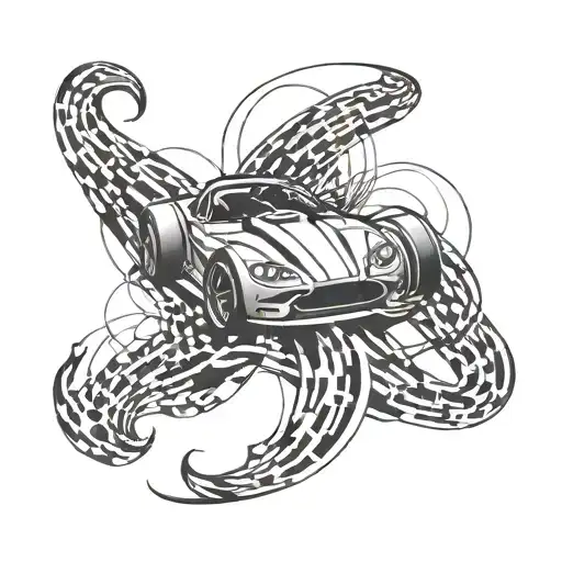 A Dynamic Tattoo Design Featuring A Sleek Racing Car Intertwined With Musical Notes And Symbols