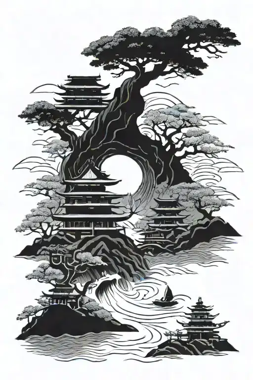 Japanese Inspired Landscape With Traditional Samurai Warriors