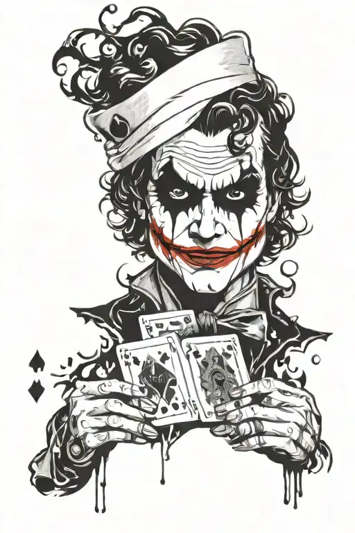 A Blackwork Tattoo Of The Joker Playing Cards With Smoke Swirling Around Him