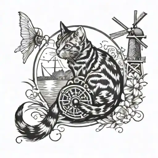 A Tattoo Design Of A Cat And Fish In A Yin Yang Symbol With Dutch Windmills In The Background