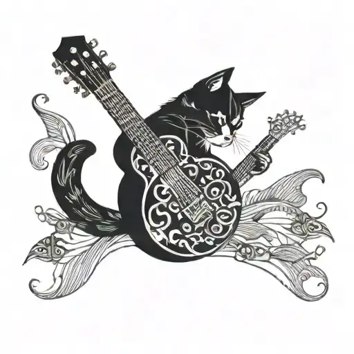 A Tattoo Design Featuring A Cat Playing A Guitar Surrounded By Fish Swimming In A Spiral Pattern