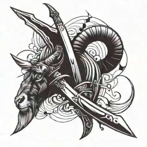 An Abstract Composition Featuring A Sword And Goat's Horn In A Sketch Style