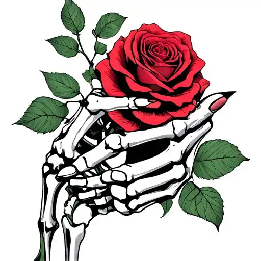 Skeleton's Hand Holding Long Rose Intertwined