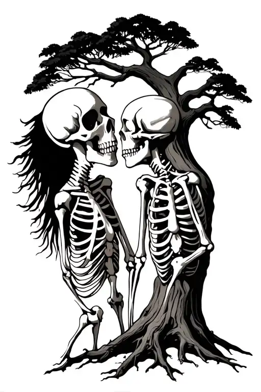 Dead Tree With 2 Skeletons Kissing In Front
