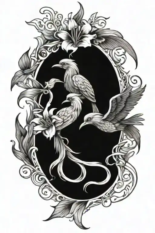 Phoenix Bird Intertwined Lilies Growing Amidst