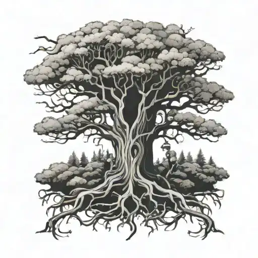 Big Tree With A Boy Sitting Frontal On A Branch