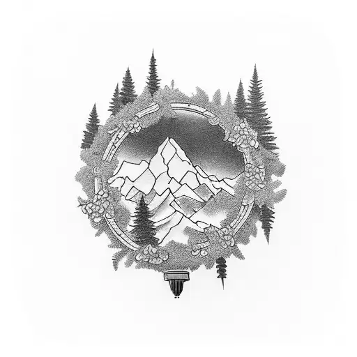 A Camera Lens Surrounded By A Wreath Of Mountain Peaks And Trees