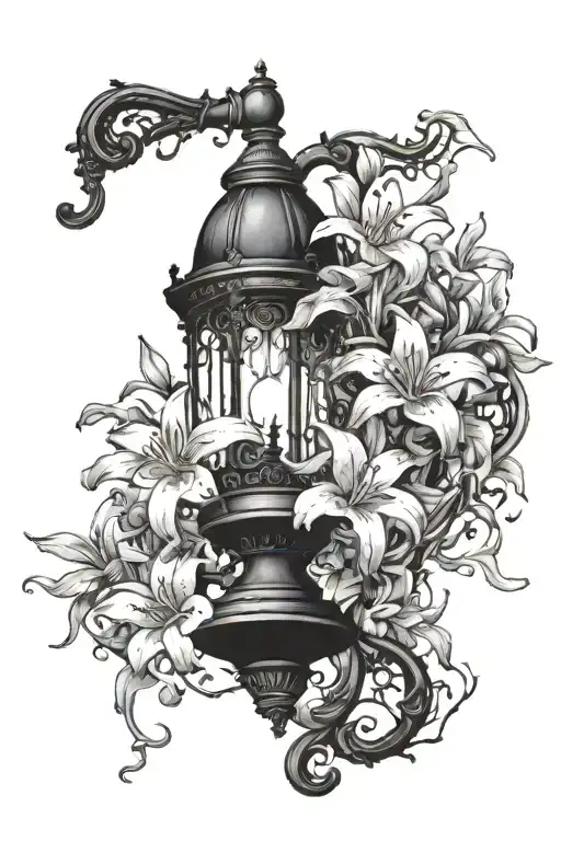 A Lamp Post Covered In Vines And Lilies Coming Out Of A Black Hole
