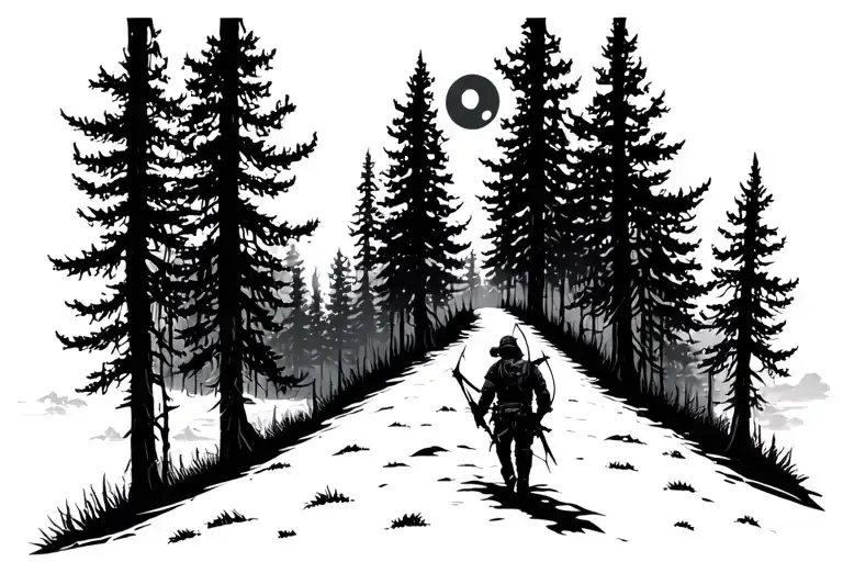 Siloutte Of A Bowhunter Walking Into The Forest During A Full Moon