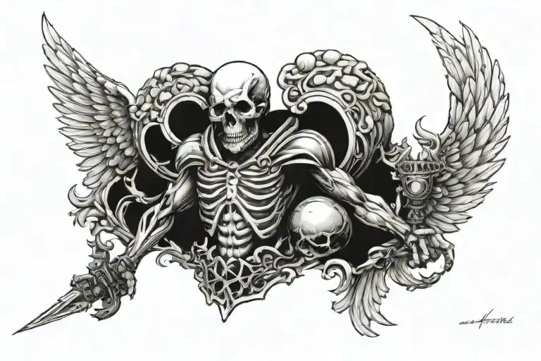 A Skull In The Middle Of The Chest With A Warrior Angel In The Right Side And In The Left Side Too