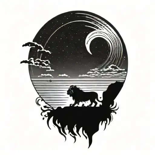 Lion Silhouette Walking Along Horizon In The Background With Sun In Sky