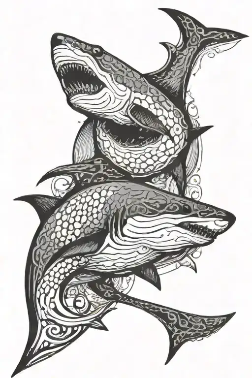 An Intricate Design Featuring A Shark And A Stingray Swimming Together In A Dynamic Pose