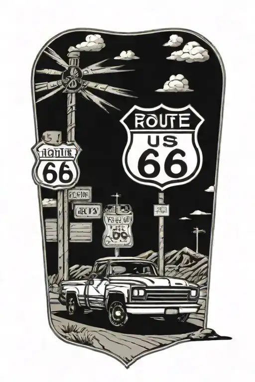 Route 66 Sign Road Leading Truck Parked