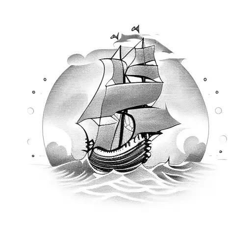A Blackwork Tattoo Of A Pirate Ship Sailing Through The Waters Of Guadeloupe