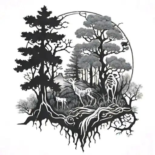 A Mystical Forest Scene With A Hidden Skeleton Among The Trees