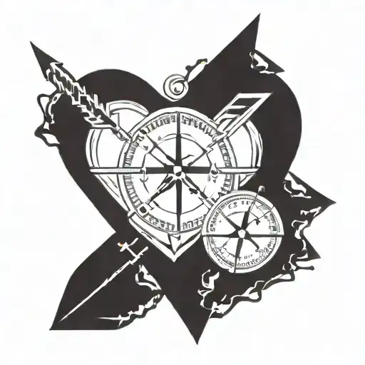 Arrow Piercing A Compass And Heart Beating Ecg Line With A Name