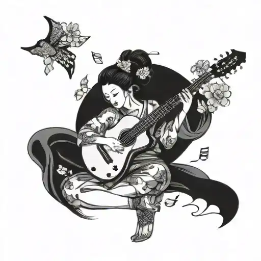 A Geisha Holding A Guitar With Cherry Blossom Petals Falling Around Her