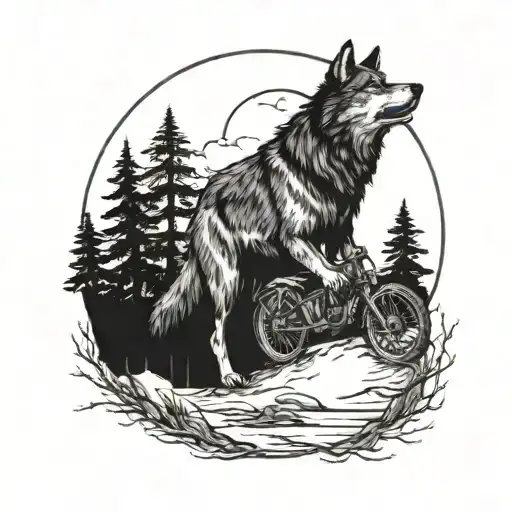 A Wolf Howling At The Moon In A Forest Clearing With A Motorcycle Parked Nearby