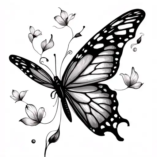 A Beautiful Delicate Butterfly With Falling Petals Floating