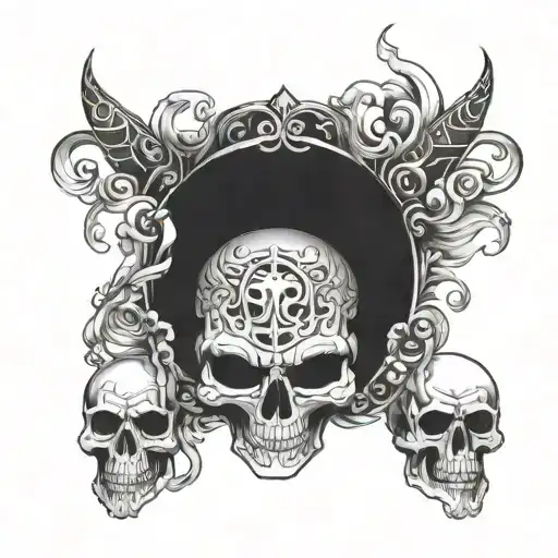 Samuray Mask With 2 Skulls In The Background