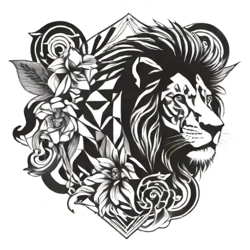 A Lion With A Flower Mane Surrounded By A Geometric Pattern