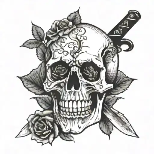 Skull With Knife And Roses