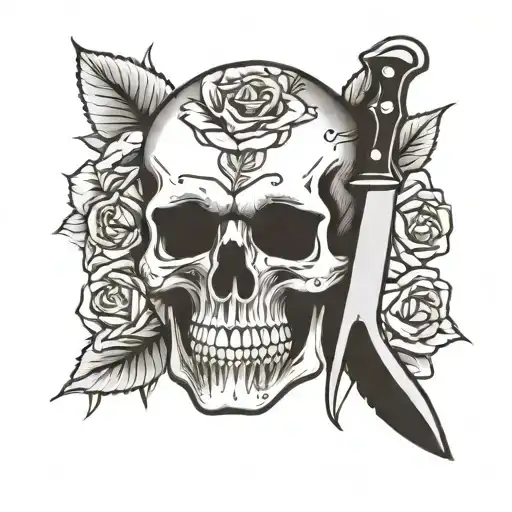 Skull With Knife And Roses
