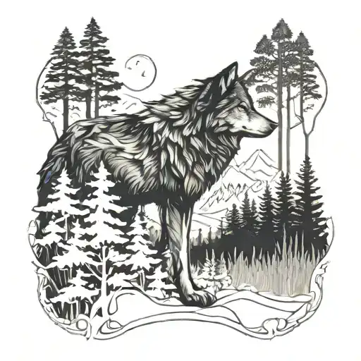 A Mystical Forest Landscape With A Wolf Profile Blending Seamlessly Into The Shadows