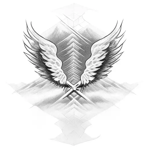 Angel Wings With Cross Road With Trees Leading To Mountain